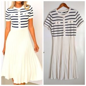 Zesica Midi Striped Crewneck Short Sleeve Knit Button Pleated Swing Dress XL